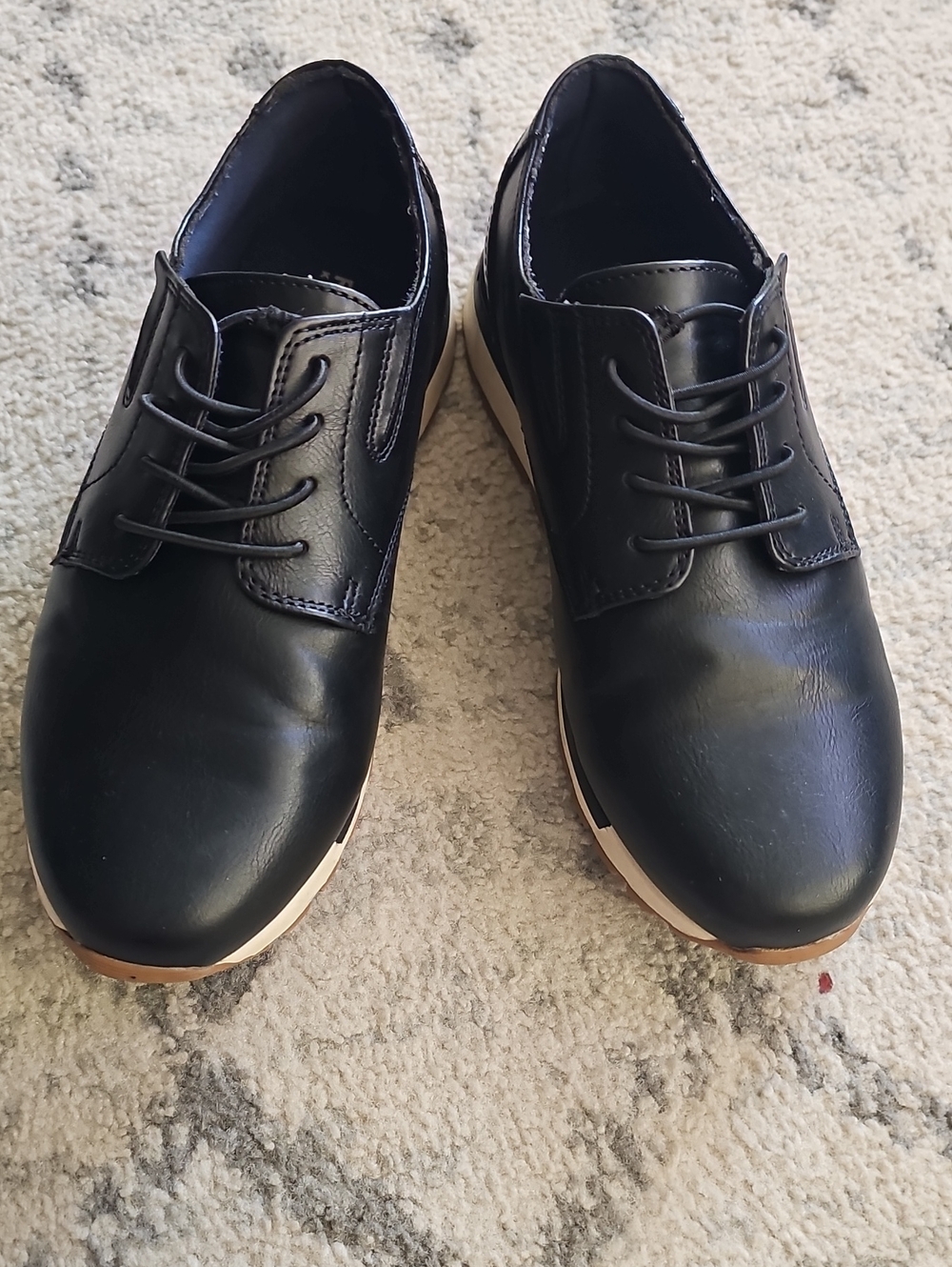 Boys Kenneth Cole Black Leather Like Derby with Tan Outsole
